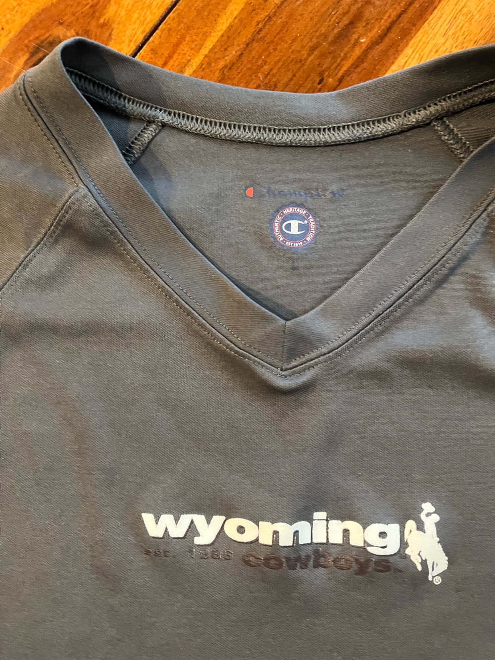 Champion Charcoal V-Neck Tee with White Wyoming Logo